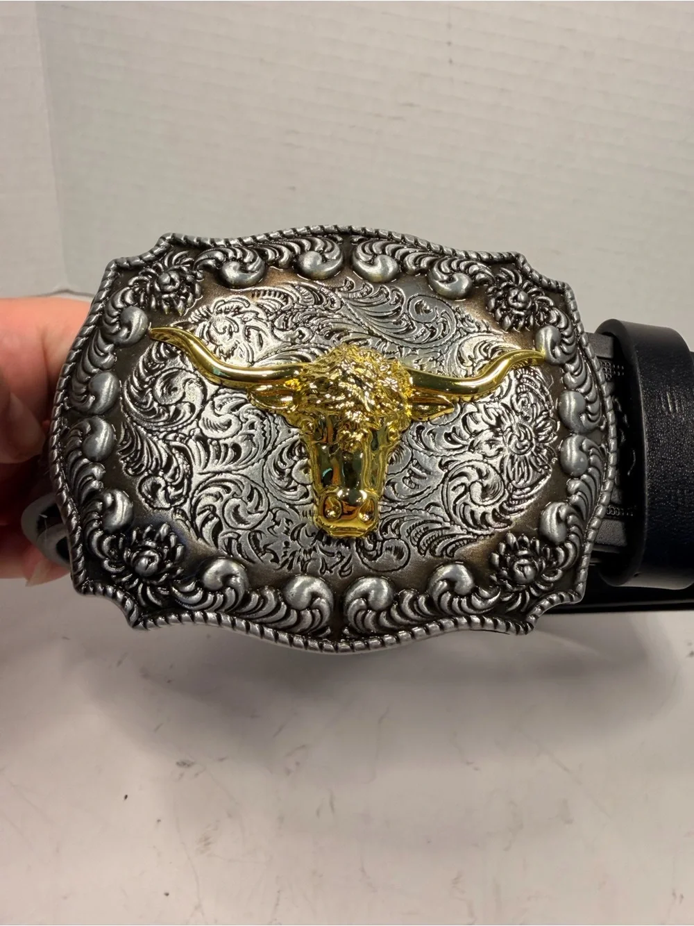 Western Cowboy Belt with Gold Tone Bull Head Buckle 39 Inch